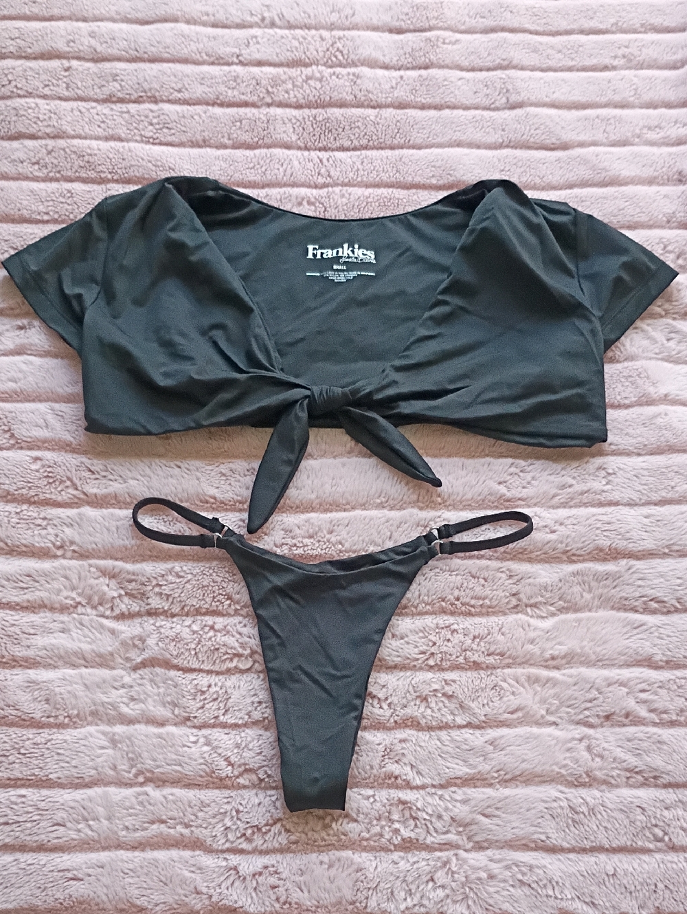 Frankie's Bikinis Black Tie-Front Crop Top & Minimal Bikini Bottom